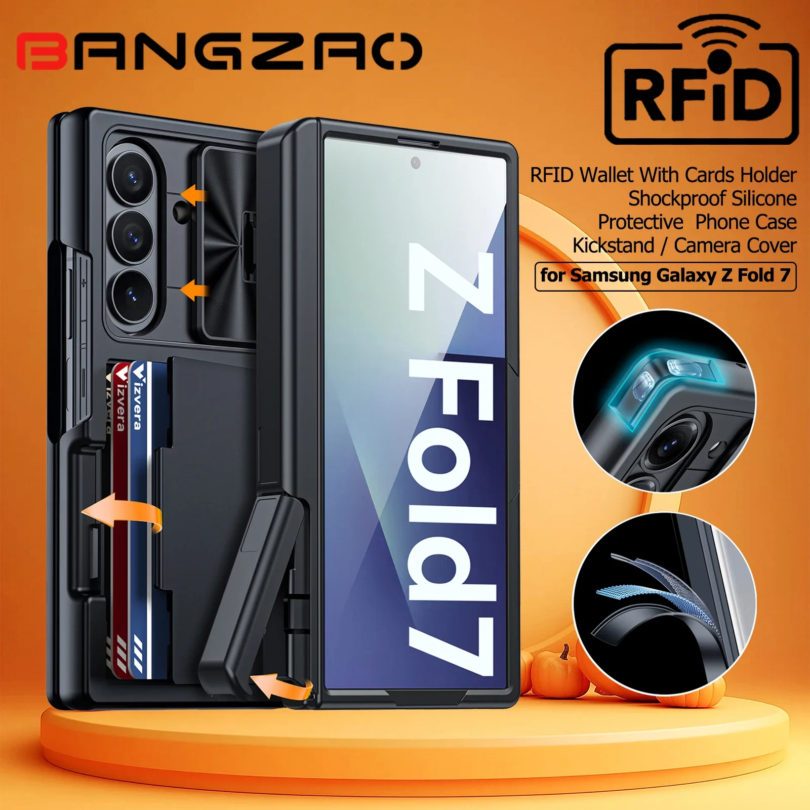 

Подарки на Хэллоуин для Galaxy Z Fold 7, RFID-кошелек с держателем для карт [подставка][крышка камеры] Противоударный силиконовый чехол для телефона - черный