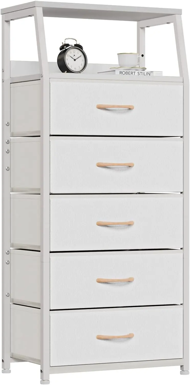 

White Dresser with 5 Drawers, Steel Frame Storage Tower for Bedroom and Entryway Organizer