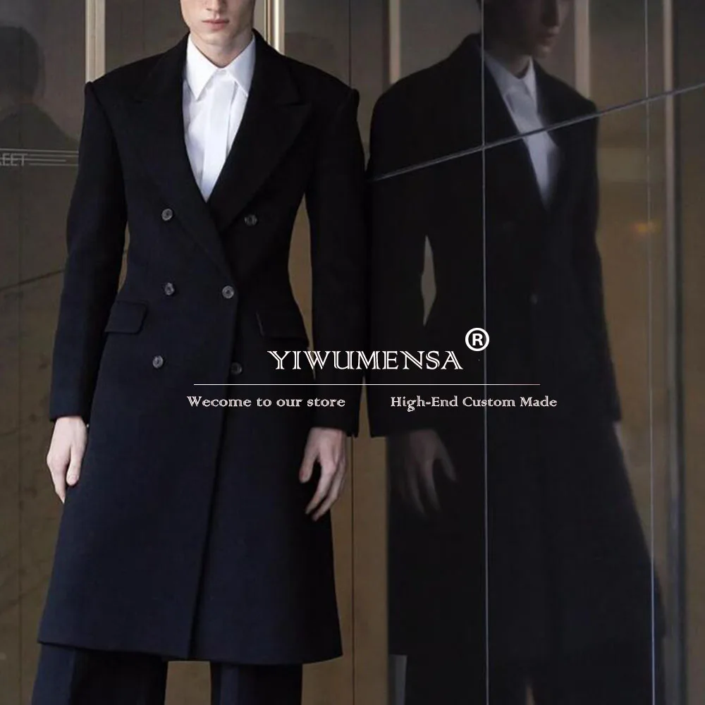 

Elegant Man Suit Jackets Tweed Wool Blend Coat Long Tailored Double Breasted Overcoat Men's Tuxedos Outwear Black Prom Blazer