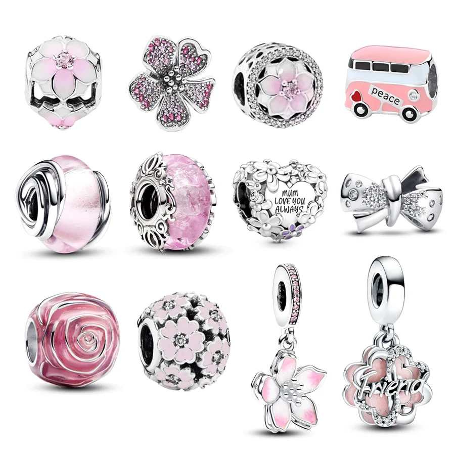 New Pink Series Charms Cherry Blossom、Four-leaf Clover、Pink Murano Glass Beads Fit Original Silver 925 Pandora Bracelet Jewelry