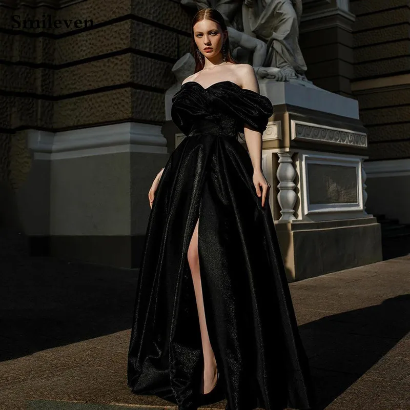 

Smileven Classic Black Velvet Evening Dresses A Line Side Split Prom Dresses robe de soirée Off The Shoulder Party Gowns