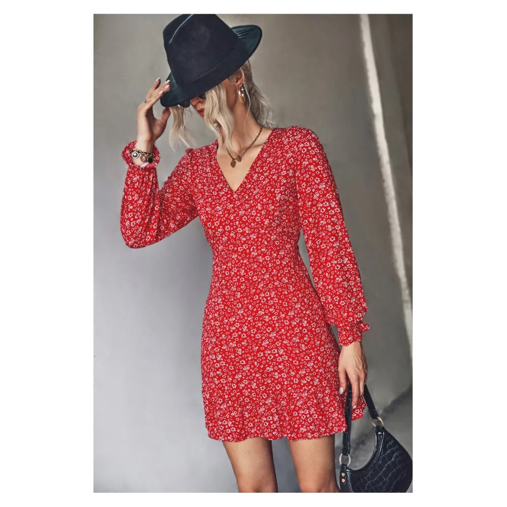 Letnia krótka sukienka Boho dla kobiet z nadrukiem kwiatowym na szyi Sukienka damska Bohemian Flower Mini sukienka dla kobiet فساتين طويلة بأكمام