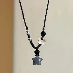 Vintage Black Rope Chain Short Necklace Korean Acrylic Star Pendant Necklace Women's Casual Fashion Party Jewelry