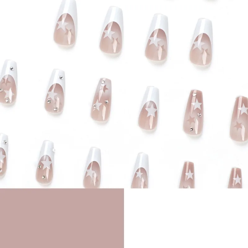 White Star Bailarina Caixão Pressione as Unhas, Capa Completa Dicas de Unhas Falsas para Meninas, Francês Falso Nails Art, Longo, 24Pcs