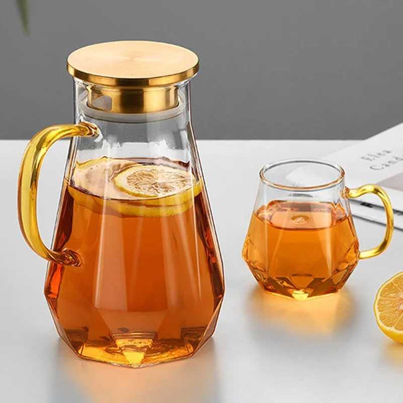 47oz Glass Water Bottle Keeps Cold Home Llarge-Capacity Creative Gradient Diamond Bubble Tea Mugs Cool Water Jug and Cups Set
