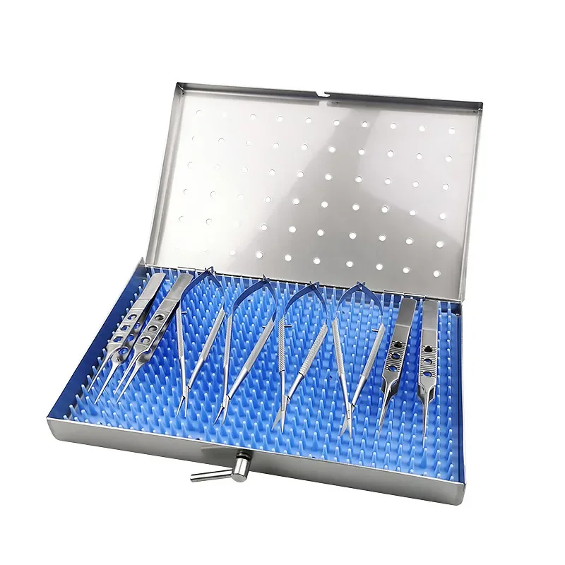 Stainless Steel Micro Scissors Toothless Forceps Micro Scissors Sterilization Tray Box Ophthalmic Surgical Instrument 8pcs/set