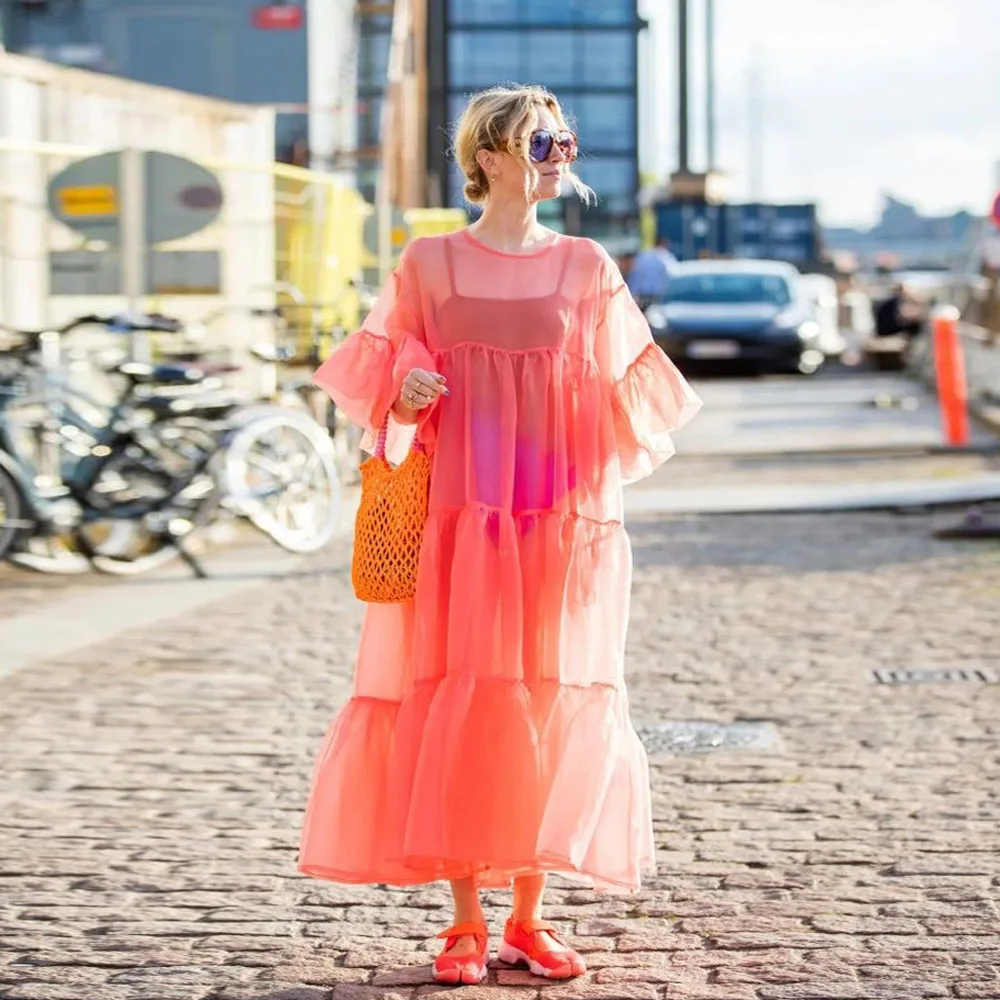 

Summer See Thru Organza Women Dresses With Puff Sleeves Illusion No Lining Female Robe With Bright Line Details