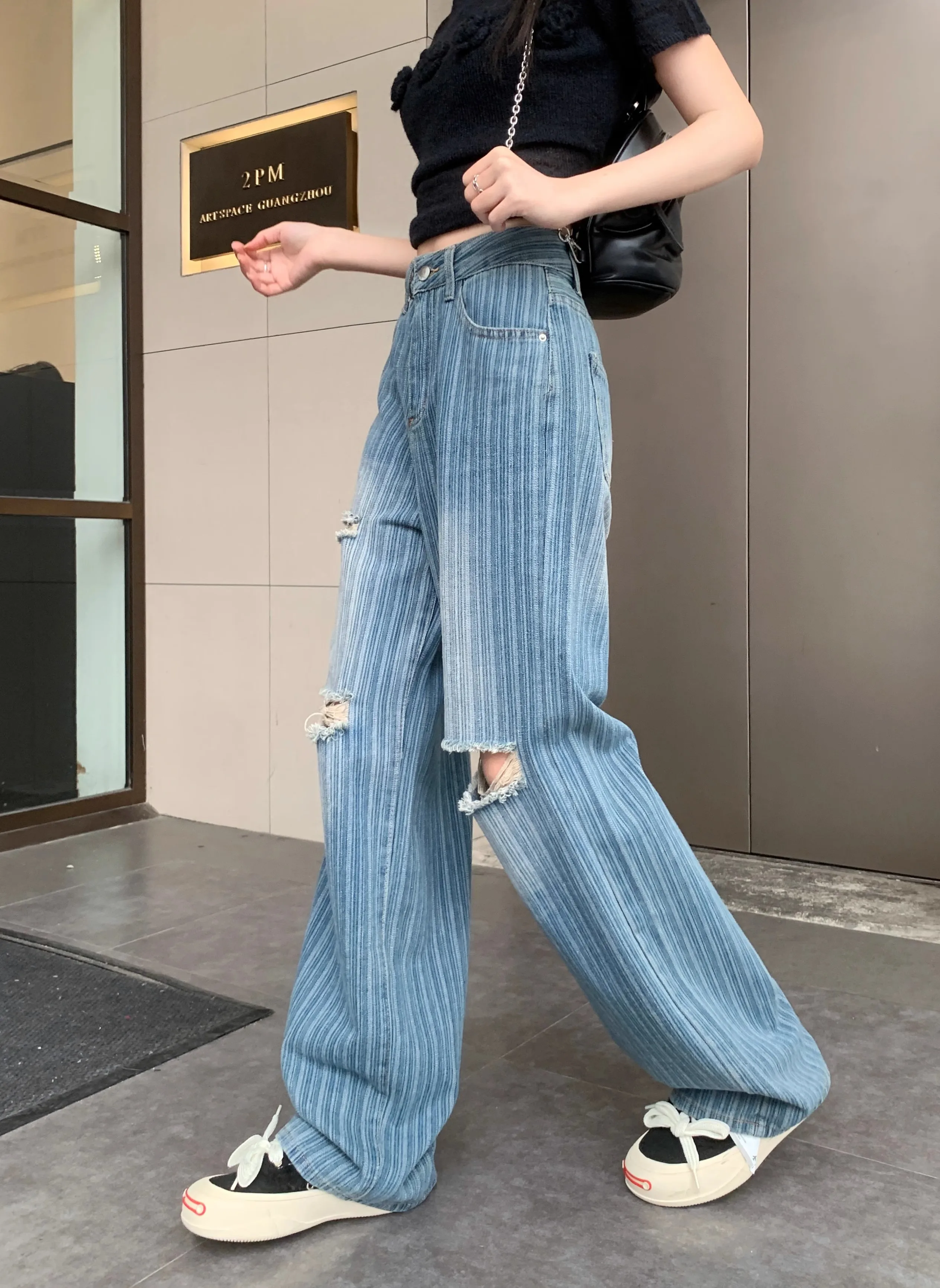 Nostalgic Stripe Jeans for Women's Y2k Summer Design High Waist Straight Leg Slimming Wide Leg Floor Dragging Pants 2024