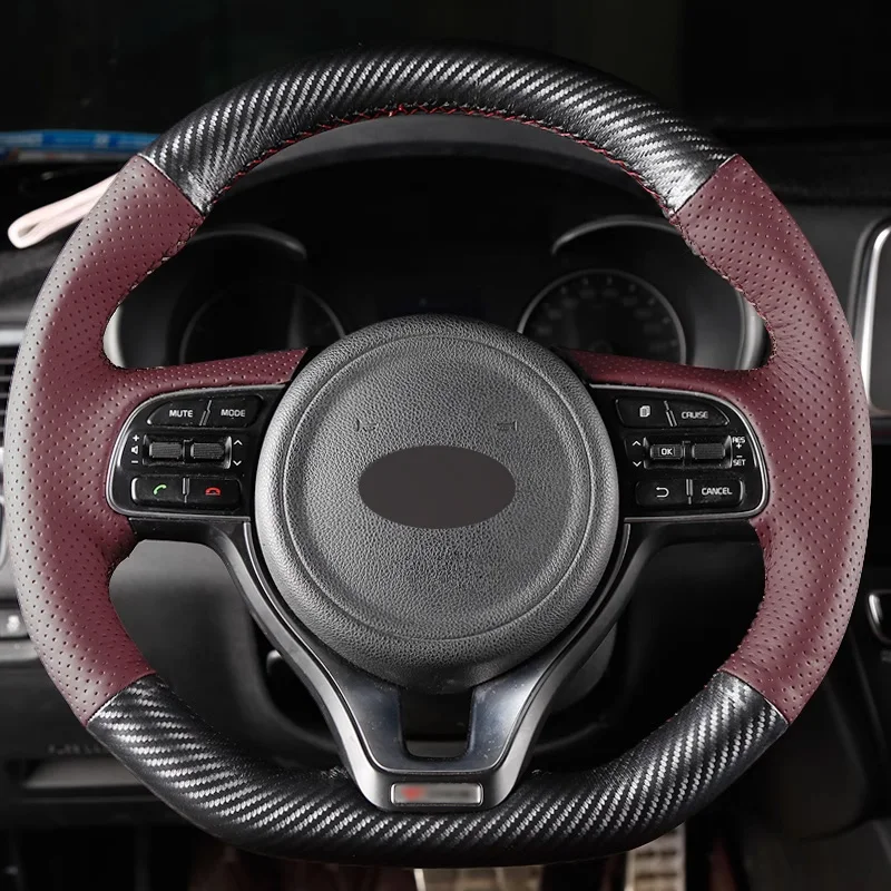 

DIY Matt Carbon Fiber and Wine Red Perforated Leather Full Wrap Car Steering Wheel Cover Car Accessoires for Kia K2 K3 K4 K5 KX5