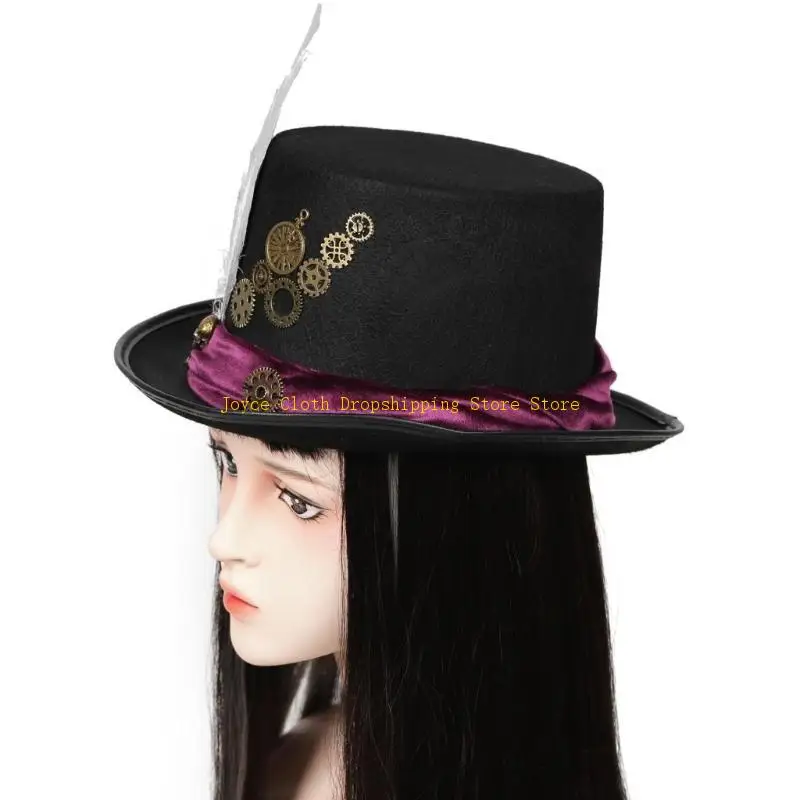 

Gothics Steampunk Hat with Gears Men Women Cosplay Accessory Unisex Flat Top Hat 10CD