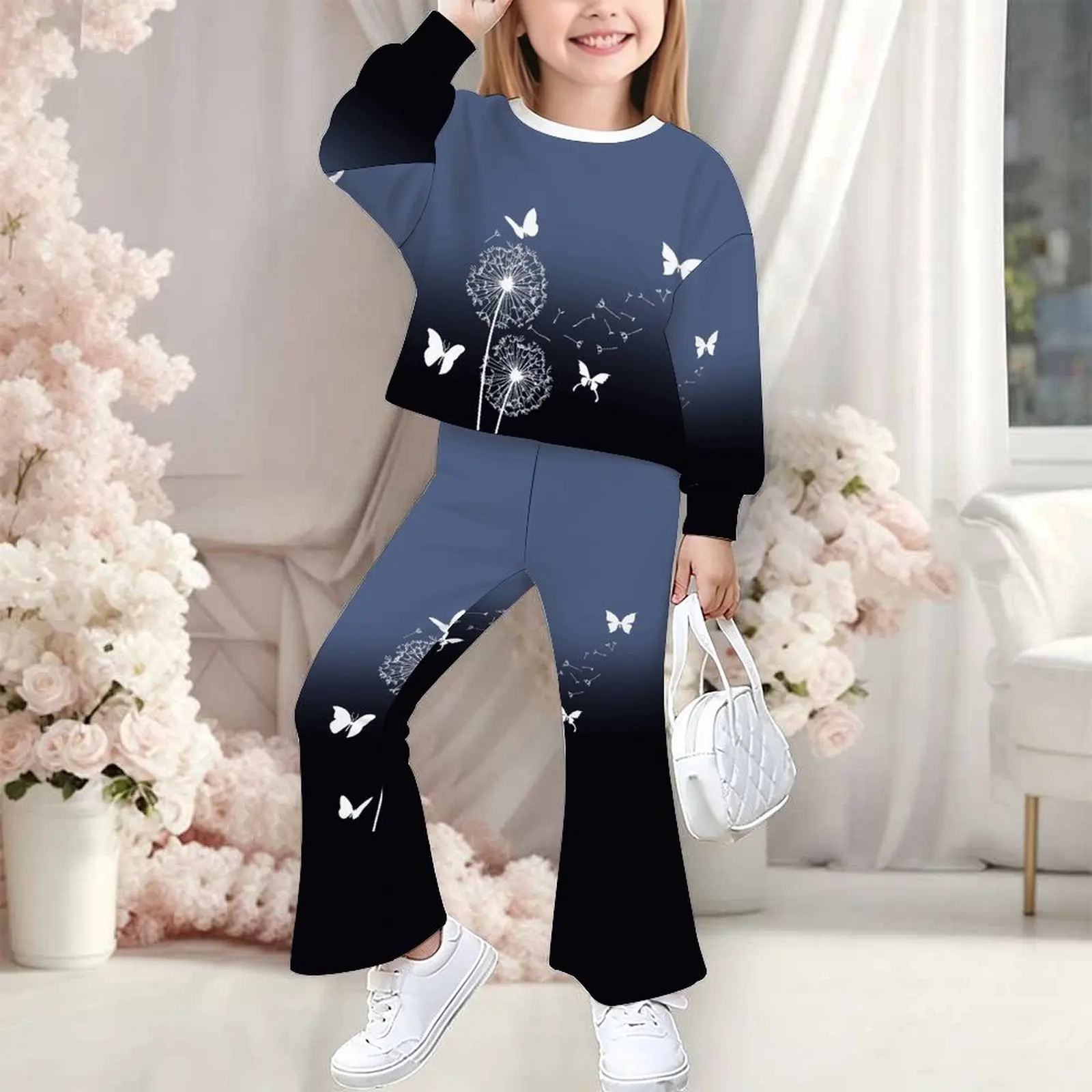 Autumn Sweatshirt Set Winter Girl's Round-Neck Long Sleeve Cute Two-Piece Print Bell-bottomed Pants Casual Top Fashion Trousers