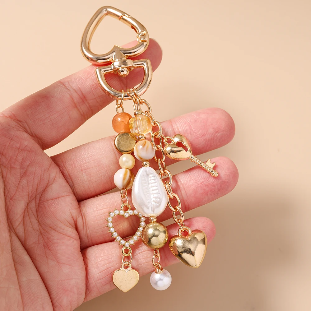 Aihua Gold Color Pearl Beaded Shell Love Heart Keychain for Women Girls Key Ring Handbag Pendants DIY Jewelry Gifts