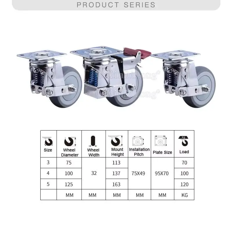 4PCS Silent Damping Wheel with Spring, TPR Wheel Anti-Seismic Caster,for Heavy Equipment,Gate,Industrial Casters JF1874