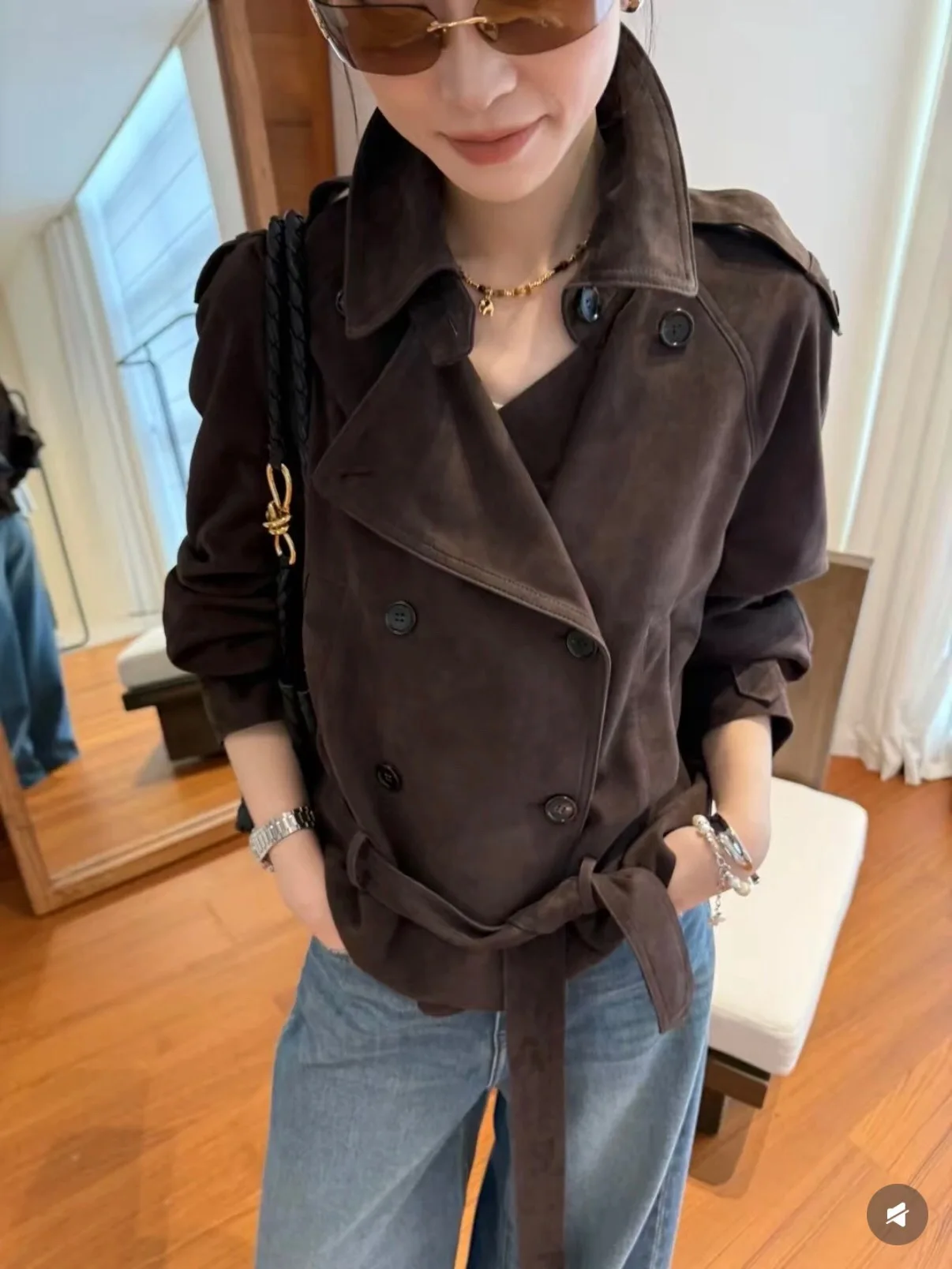

High Quality Sheepskin Jacket For Women's Fashion Khaki Suede Trench Coat Elegant Ladies Brown Coat With Belt