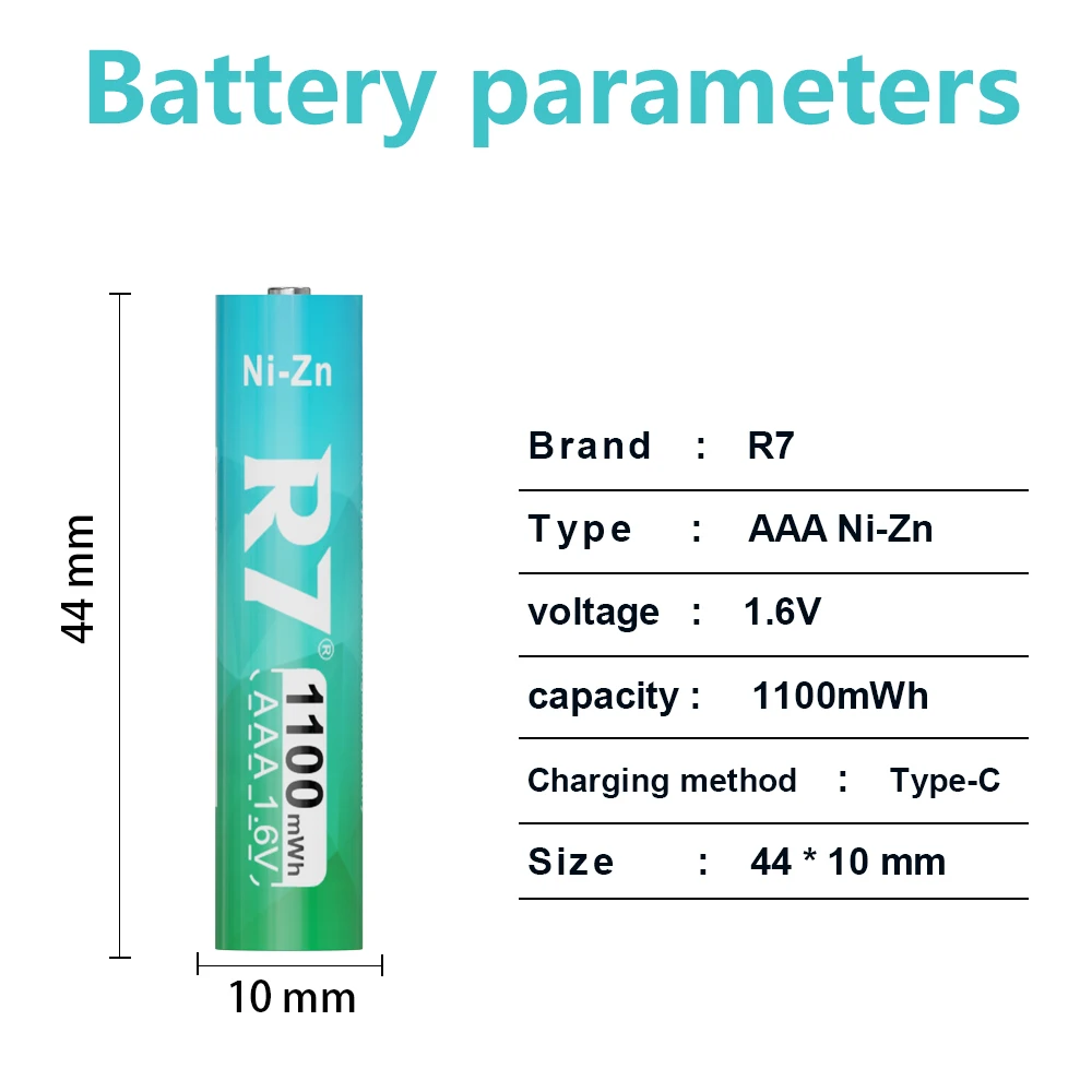 R7 Ni-Zn AAA 1100mWh 1.6V NiZn Bateria USB Akumulator aaa nizn do zabawek Inteligentna latarka z zamkiem drzwi + kabel Type-C