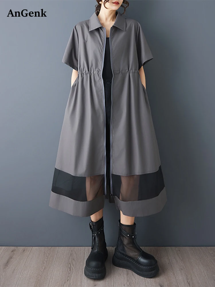 2026 Summer New Mesh Patchwork Shirt Dresses For Women Drawstring Short Sleeve Casual Loose Midi Dress Fashion Elegant Clothing