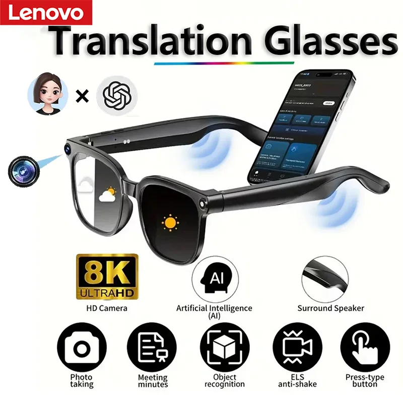 Lunettes Intelligentes Lenovo 8KHD AI avec Caméra Vidéo et Photo, ChatGPT4.0, Bluetooth, Musique, Appels, Traduction, Lunettes de Soleil pour Femmes, Cadeau