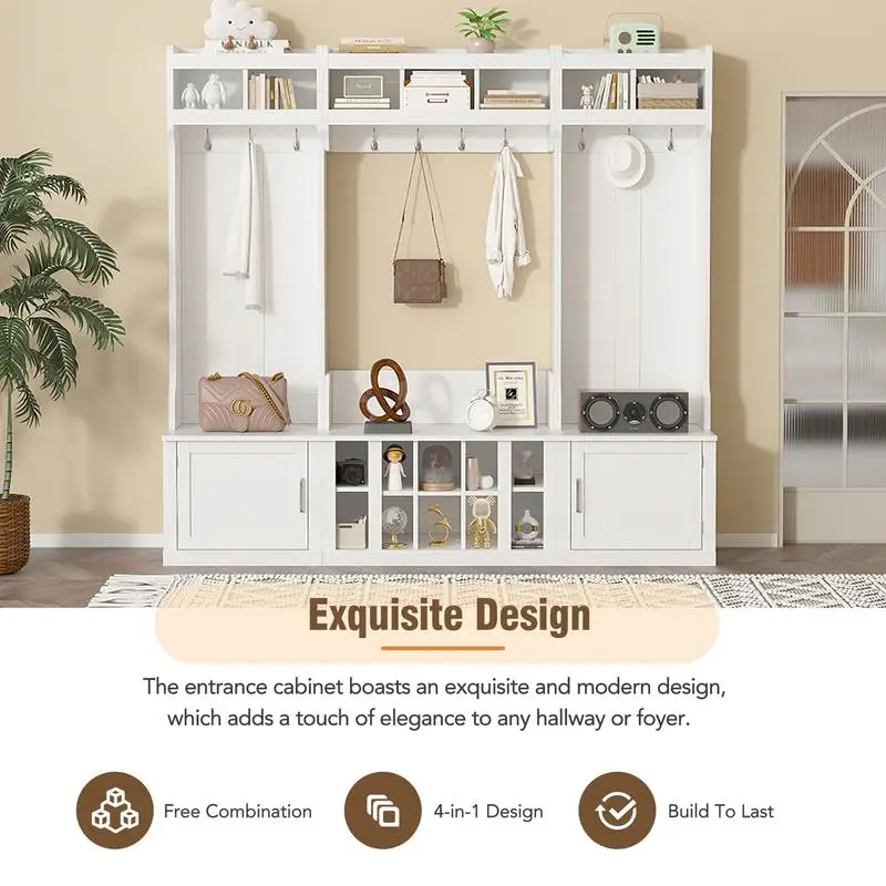 شجرة قاعة بتصميم واسع مع مساحة تخزين ومقعد، مقعد مدخل متعدد الوظائف 4 في 1 مع رف معطف ومكعبات أحذية، عملي #5
