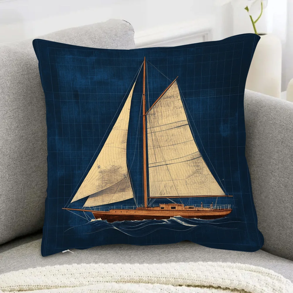 

1pc Coastal Nautical Pillow Cover, Polyester 2D Double-Sided Print, Vintage Sailboat Blueprint Design, Nautical Themed Home Acce