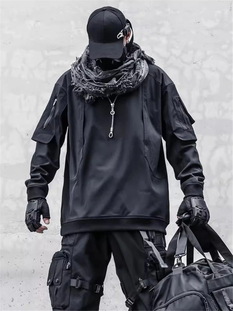 Tactical Fleece Sweatshirts Men Streetwear Hip Hop Punk Patchwork Pullover Oversized Harajuku Function Sweatshirt Male Techwear