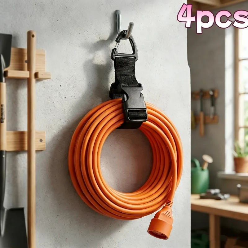 4 PCS Adjustable Garden Hose Straps, Heavy-Duty Extension Cord Organizer Hanging Straps for Garage Workshop Reusable Cable Ties