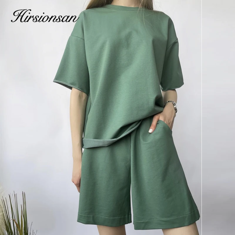 

Hirsionsan Soft Cotton Sets Women 2021 New Casual Two Pieces Short Sleeve T Shirts and High Waist Shorts Solid Outfits Tracksuit