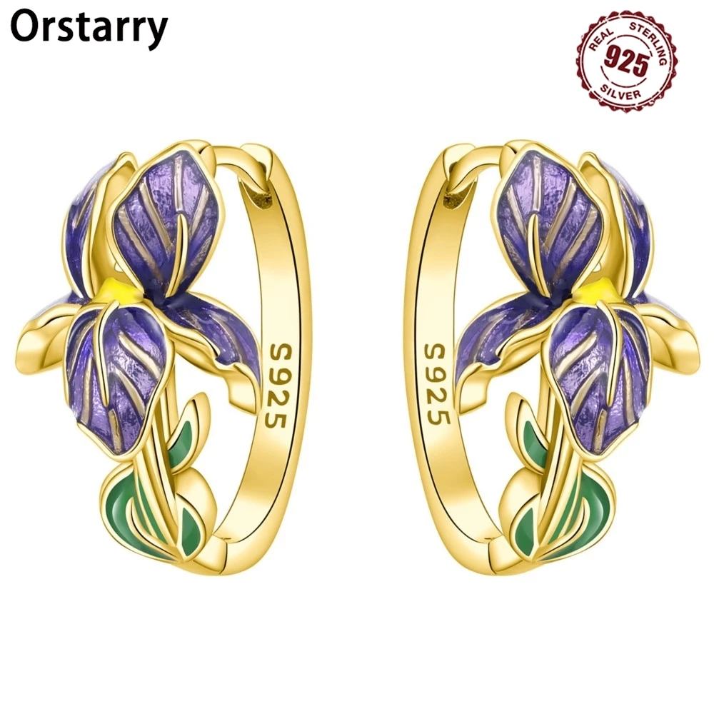 Orstarry nuevos pendientes de plata de ley S925 con forma de flor de Iris, pendientes de aro versátiles para mujer, joyería Original, regalos de fiesta