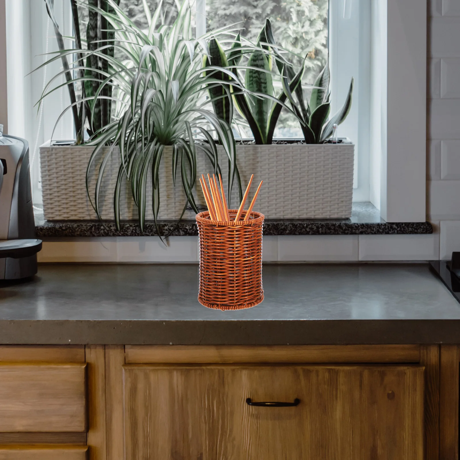 

Rustic Woven Utensil Holder For Kitchen Counter Chopstick Storage Organizer Spatula Spoon Stand Flat Basket Countertop Kitchen