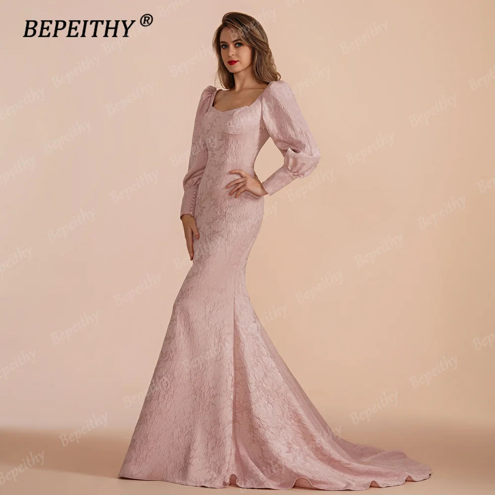 BEPEITHY Customized Mermaid Long Prom Dresses Evening Full Sleeves Floor Length Square Speical Occasion Formal Gown 2023 Women