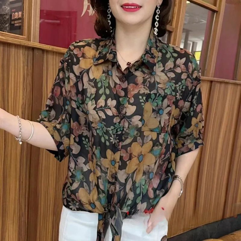 2024 Summer Western Style Shirt with Feminine Style Featuring a Lapel Design and a Drawstring Pattern for Sun Protection Tops