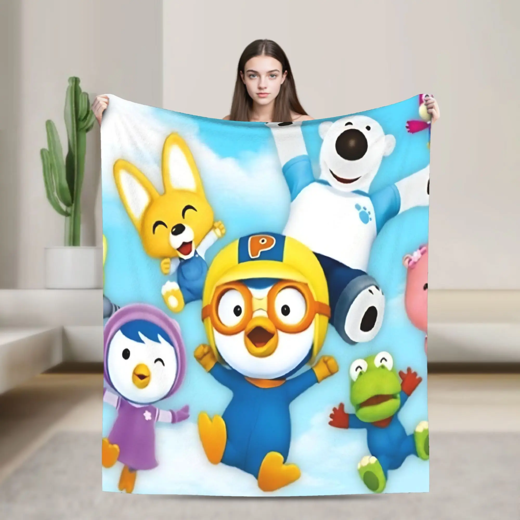 Warm Soft BlanketStudents Airplane Travel Pororos the Little Penguins   Bedding Throws Flannel Bedspread Living Room Sofa Cover