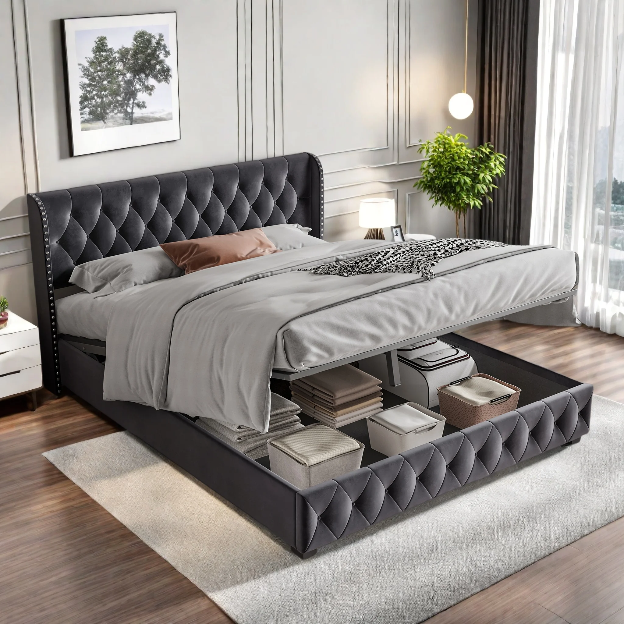 Lit rembourré Fangange avec sommier à lattes et tête de lit, 140/160 x 200 cm, lit avec coffre de rangement spacieux, sans matelas