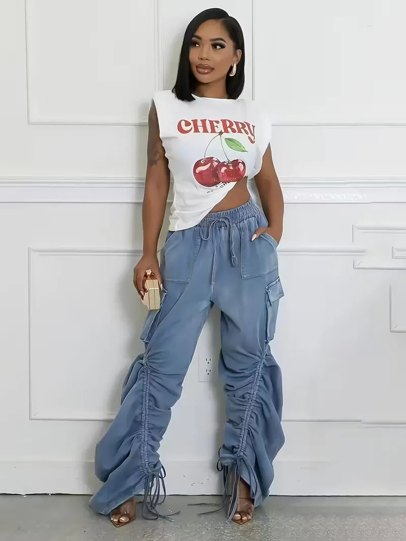 

Женские свободные плиссированные широкие джинсы с завышенной талией — легкий потертый уличный стиль