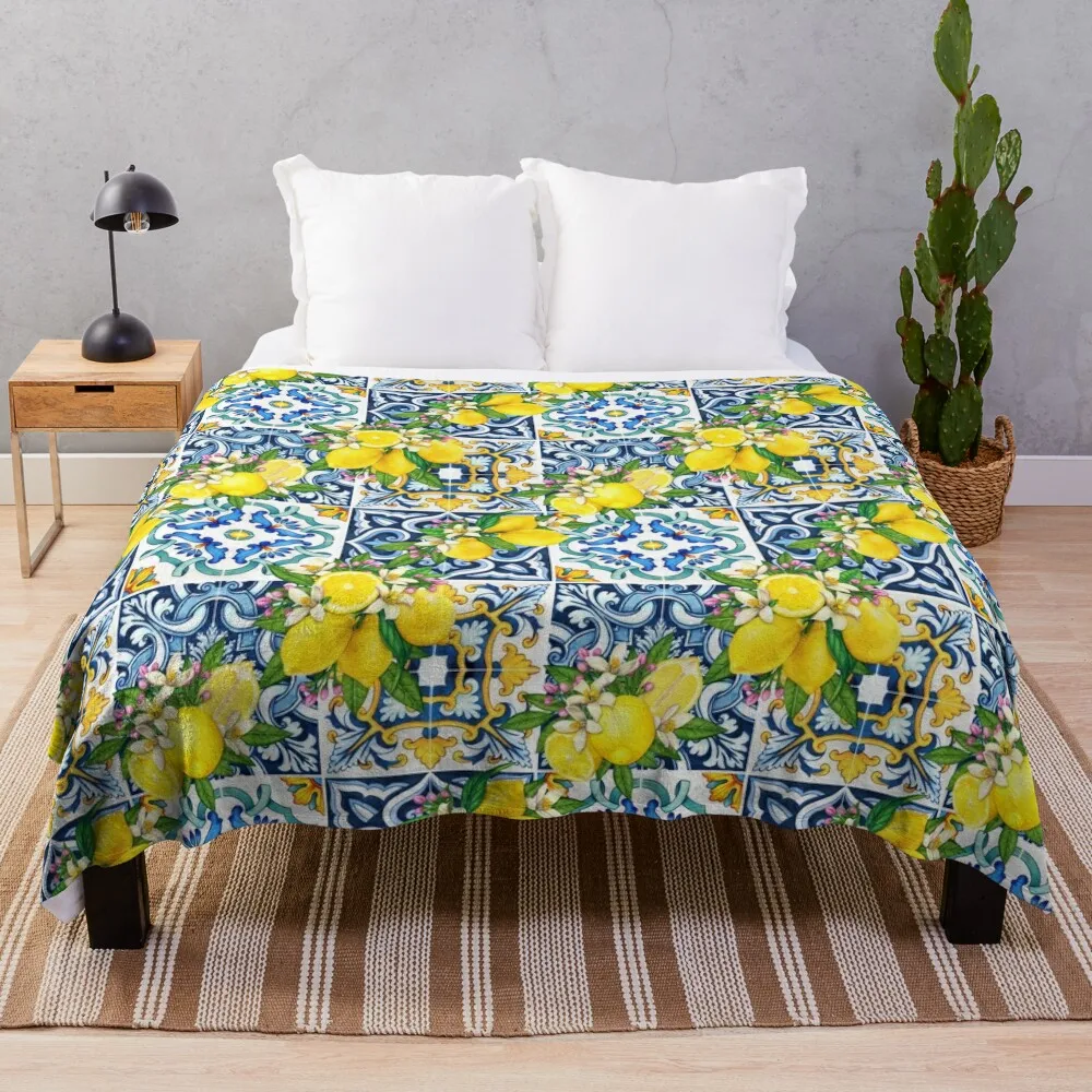 

Bright Mediterranean Sicilian Tiles with Citrus Lemons Throw Blanket Furry for winter Luxury Designer Blankets