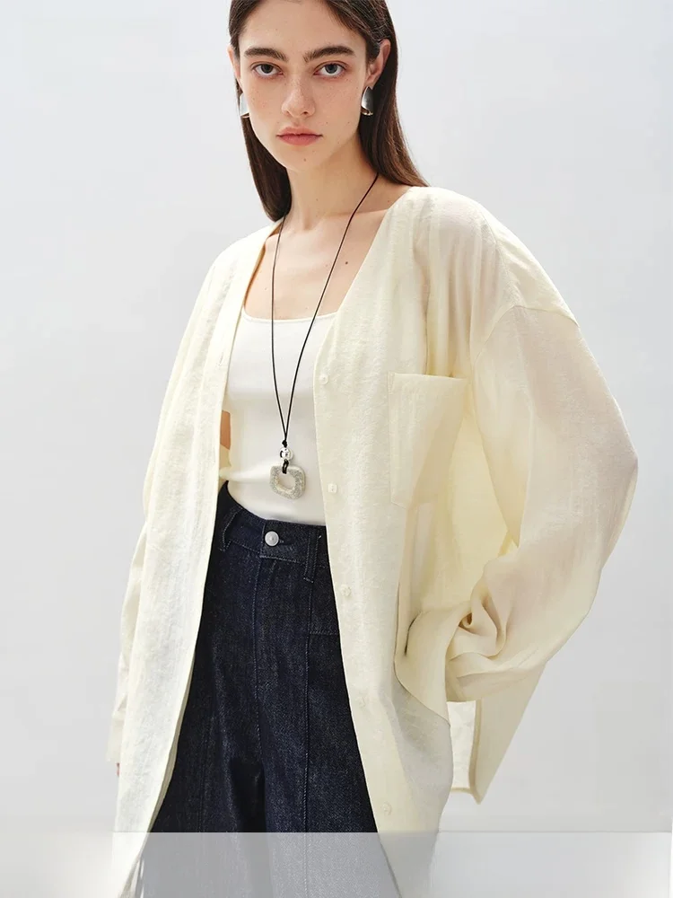 

Loose Women's Linen V-neck Shirt Lazy Style New Arrival Simple Commute Style Long Sleeve Pure Color Button Placket