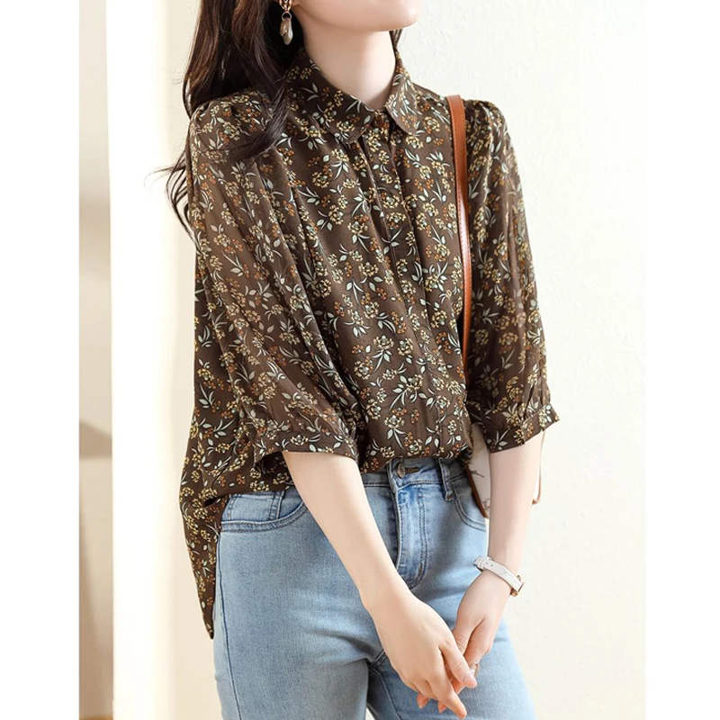 Women\'s Vintage Floral Print Button Shirt Spring Summer Fashion Turn Down Collar 3/4 Sleeve Blouse Chic Loose Casual Tops Blusas