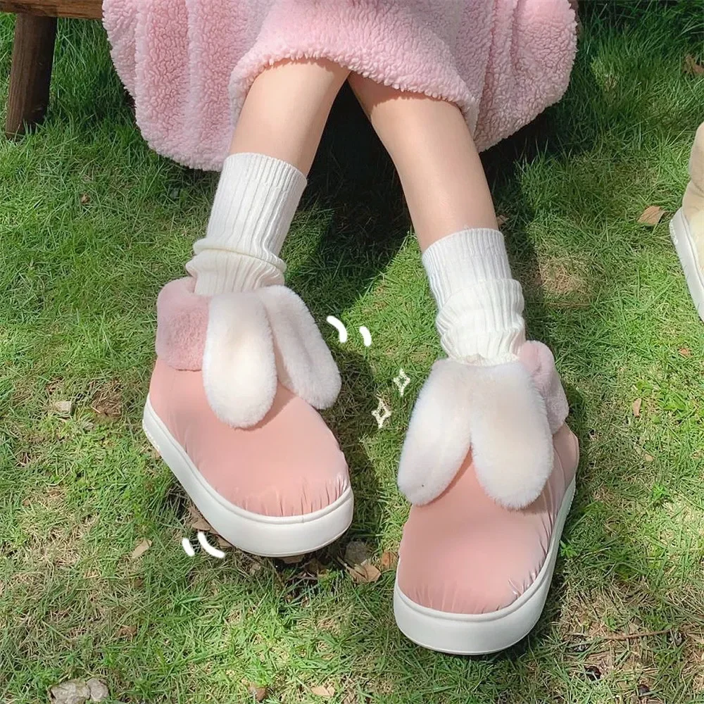 Waterproof Short Snow Boots for Autumn Winter Outer Wear New Sweet Cute Rabbit Ears Piled Thickened Warm Cotton Boots for Women