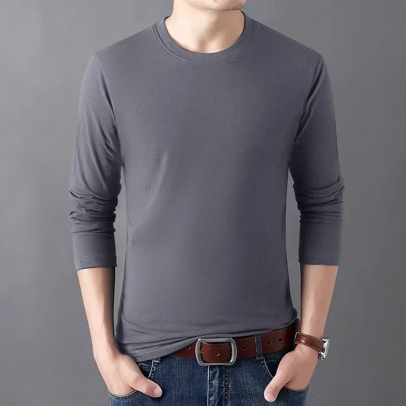 

Футболка из чистого хлопка с длинными рукавами и круглым вырезом, мужская базовая многослойная свободная посадка, весенне-осенний тяжелый свитшот белого цвета