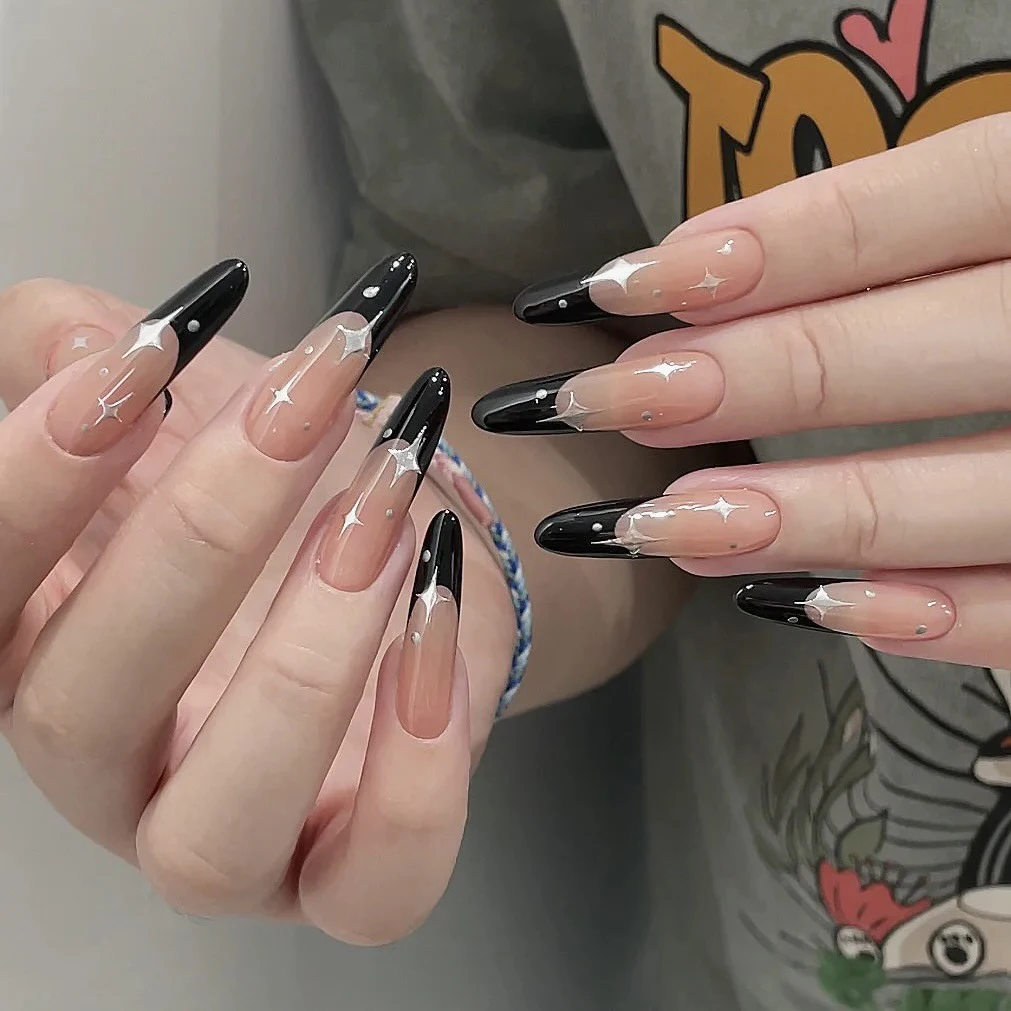 10pcs Black French Almond Handmade Press on Nails Cat Eye Fake Nails Star Rhinestone False Nail Artificial Nail Накладные Ногти