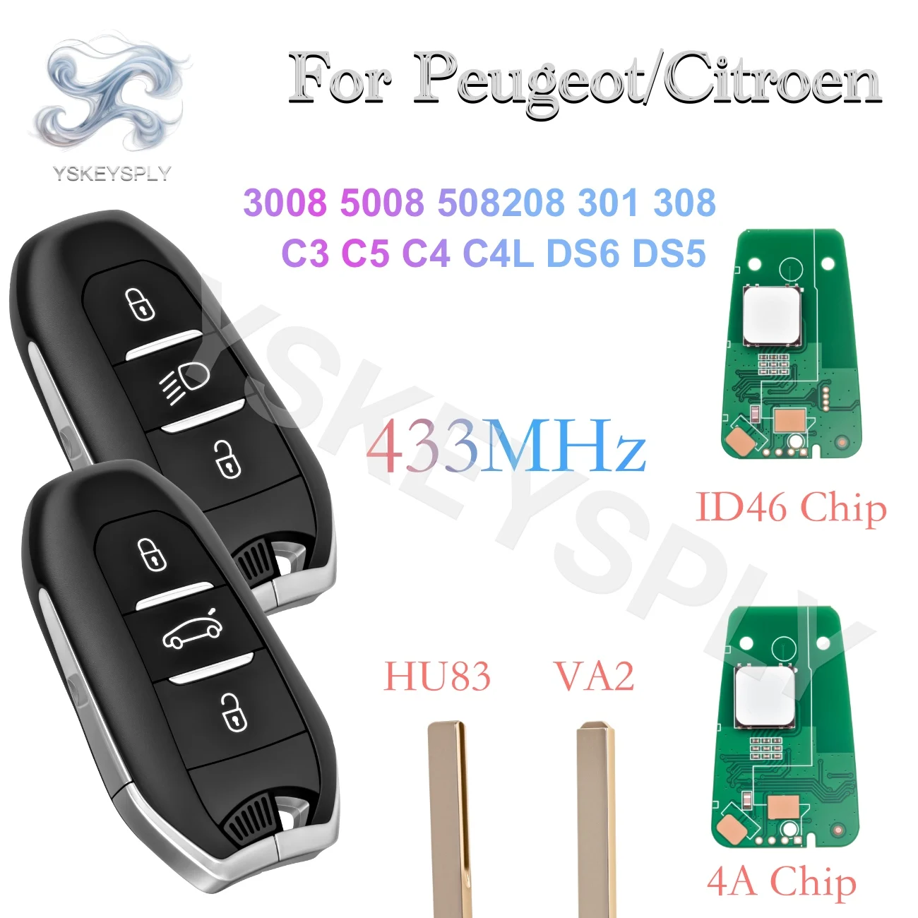 

For Citroen Picasso C3 C5 C4 C4L DS6 DS5 Peugeot 3008 5008 508 208 301 308 Car Remote Key 433MHz ID46 4A HU83 VA2