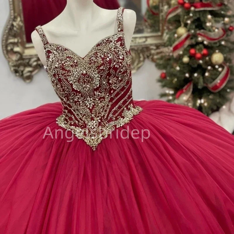 Angelsbridep Crystals Beading Spaghetti Straps Burgundy Ball Gown Quinceanera Dresses Brithday Prom Party Vestidos De Fiesta