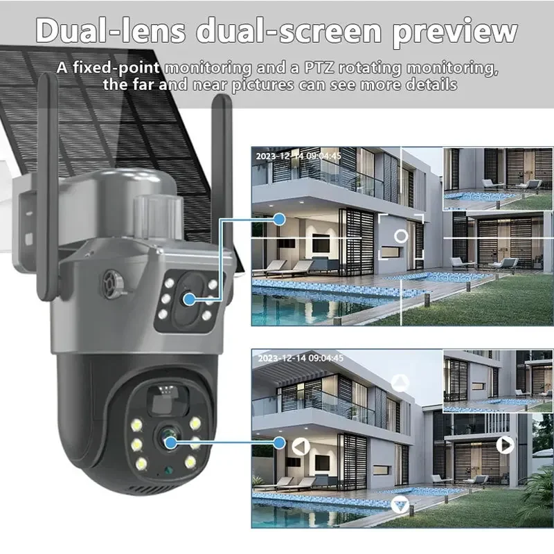 4G Solar Security Camera Outdoor Dual Lens Night Vision Webcam Motion Detect Auto Tracking CCTV Waterproof PTZ Camera V380 Pro