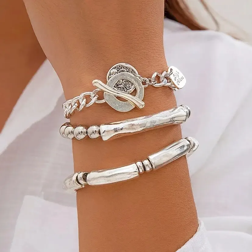 3Pcs/Set Gothic Hip Hop Silver Color Bone Bracelet for Women Trendy Vintage OT Buckle Hang Tag Thick Bangles Party Jewelry New