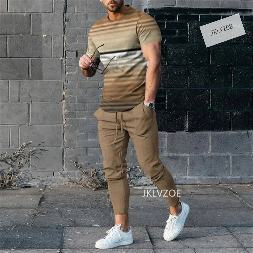 Men's Tracksuit Printed Sportswear Short Sleeved T-shirt Trousers Suit Casual Breathable Joogers 2 Piece Sport Tshirts Pant Sets