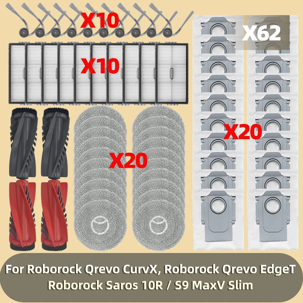 

Fit For Roborock Qrevo CurvX / Qrevo EdgeT / Saros 10R / S9 MaxV Slim / G20s Ultra Main Side Brush Filter Mop Cloth Dust Bag