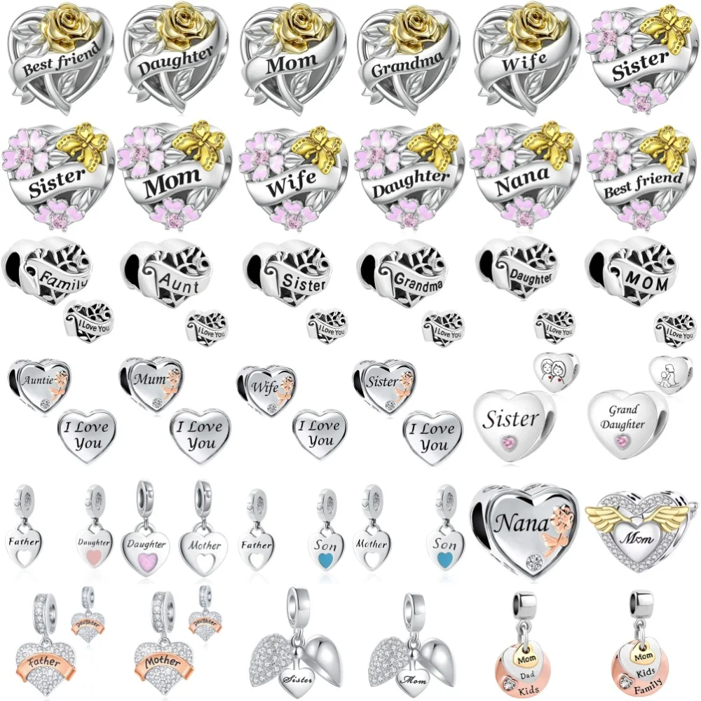 

New 925 Silver Heart-Shaped Rose Butterfly Dad Mom Grandma Daughter Wife Pendant Suitable European Original Bracelet DIY Jewelry