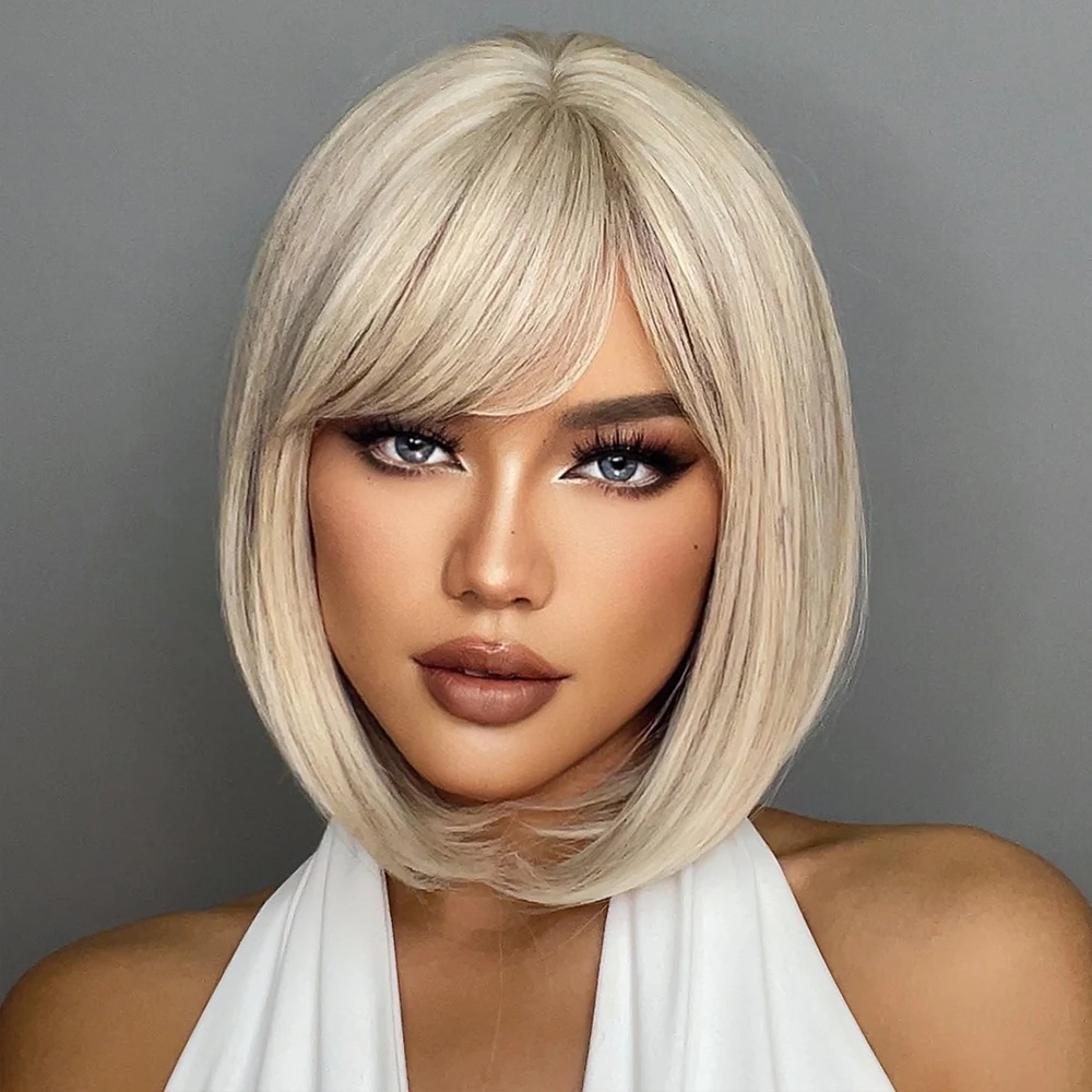 

Short Bob Blonde Brown Mix Gradient Pale Blonde Synthetic Hair Wigs With Bangs Women Soft