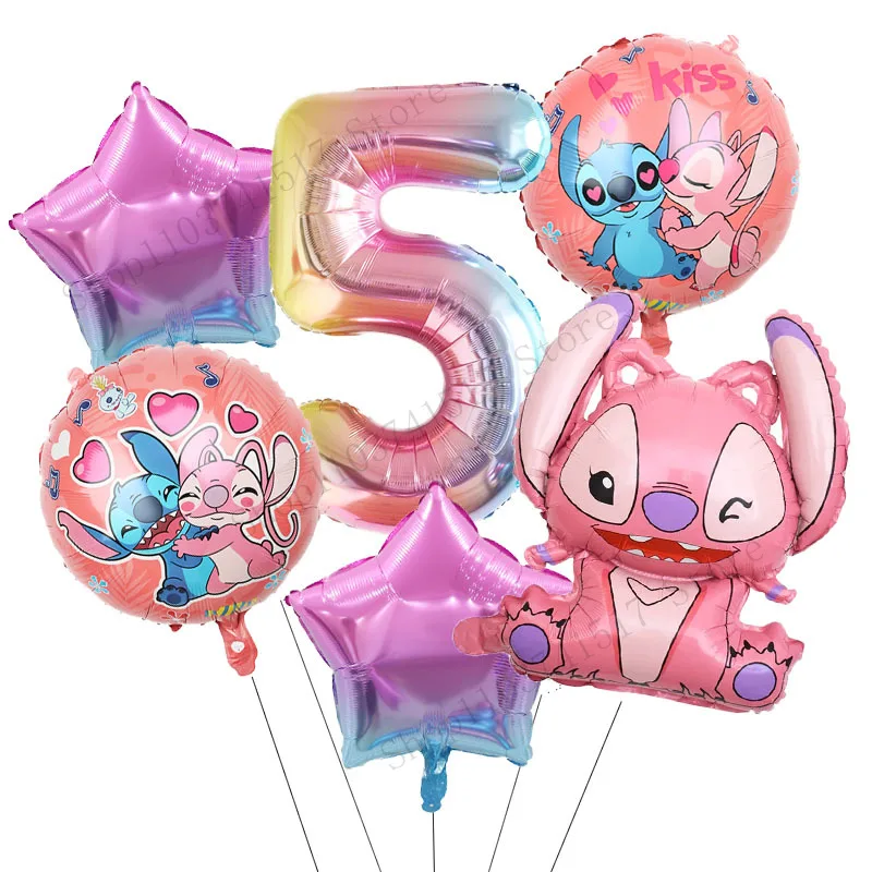 6pcs Disney Lilo & Stitch Balloons Number Balloon Set Cartoon Stitch Angel Birthday Party Decorations Baby Shower Kids Toy Gifts