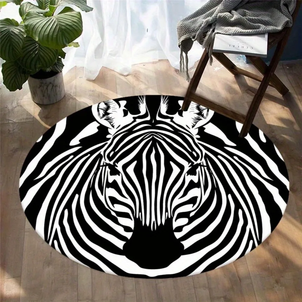 Black and White Zebra Pattern Round Area Rug, Non-Slip Floor Mat for Living Room Sofa Coffee Table, Bedroom Balcony Carpet