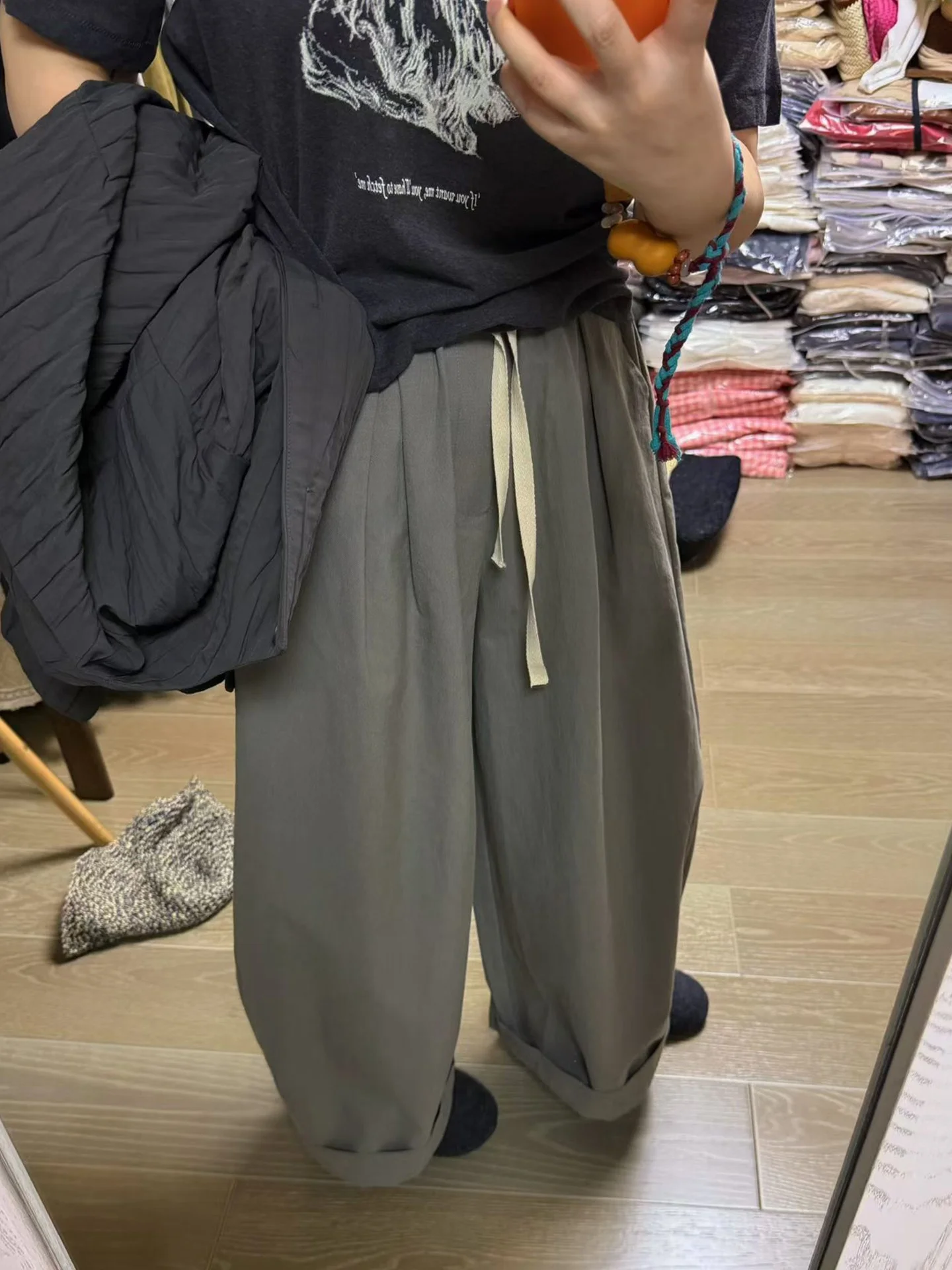 

Spring Summer Retro Cotton Drawstring Casual Pants plus Size Women's Fashion Wide Leg Pants Light Beige Color